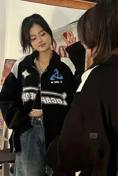 Siyah Unisex Y2K Streetwear Locapeople Şardonlu Fermuarlı Hırka