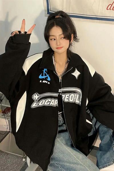 Siyah Unisex Y2K Streetwear Locapeople Şardonlu Fermuarlı Hırka