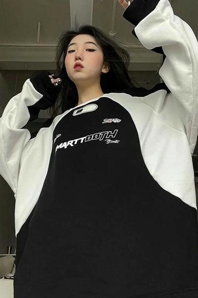 Siyah Y2K Streetwear Smarttooth Baskılı Bisiklet Yaka Sweatshirt