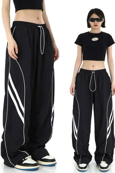 Siyah Y2K Vintage Çizgi Detaylı Baggy Eşofman Altı