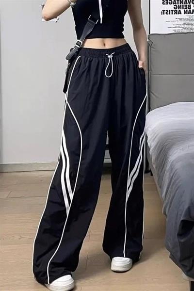 Siyah Y2K Vintage Çizgi Detaylı Baggy Eşofman Altı