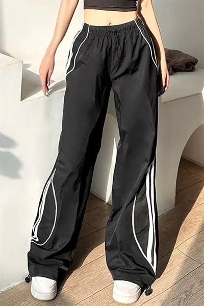 Siyah Y2K Vintage Üç Şerit Detaylı Baggy Eşofman Altı