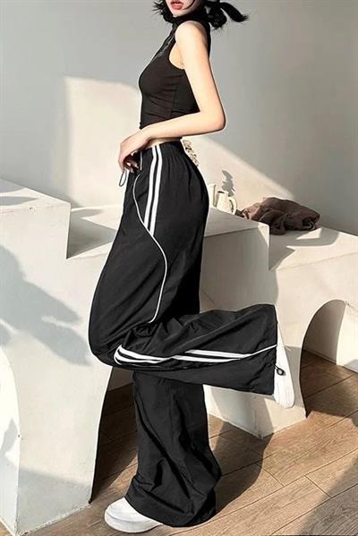 Siyah Y2K Vintage Üç Şerit Detaylı Baggy Eşofman Altı