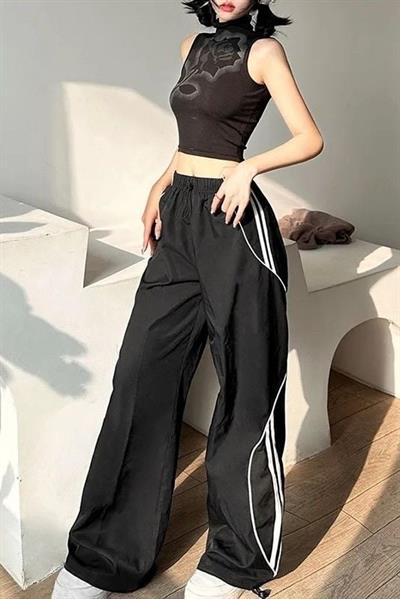 Siyah Y2K Vintage Üç Şerit Detaylı Baggy Eşofman Altı