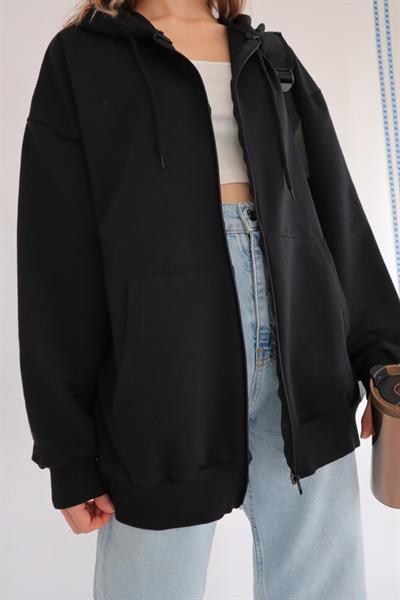 Unisex Siyah Fermuarlı Hırka