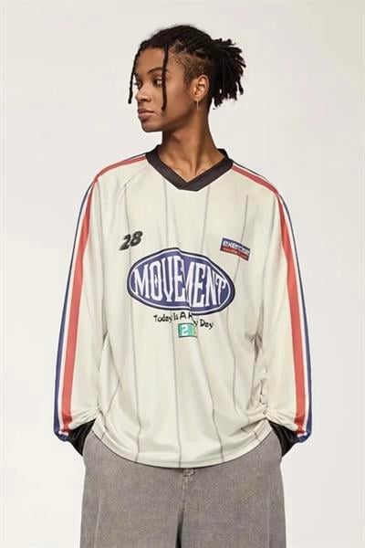 Bej Unisex Retro Stripe Uzun Kollu  Jersey Forma