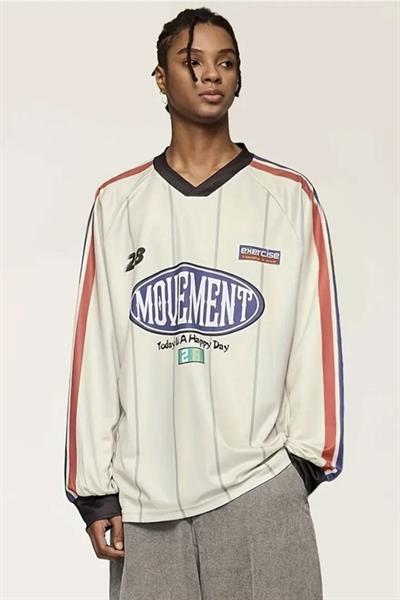 Bej Unisex Retro Stripe Uzun Kollu  Jersey Forma