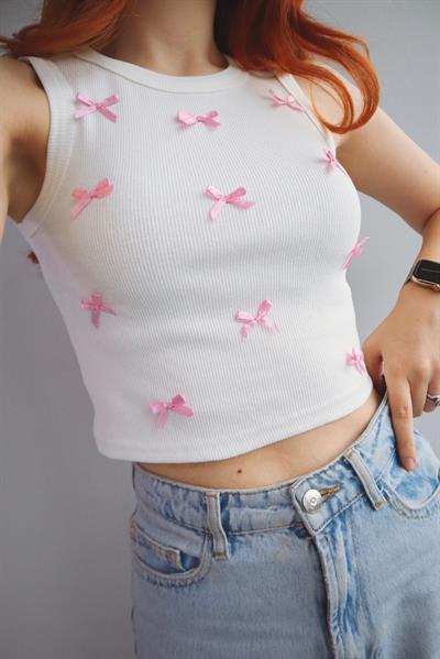 Pink Bow Pembe Kurdele Crop
