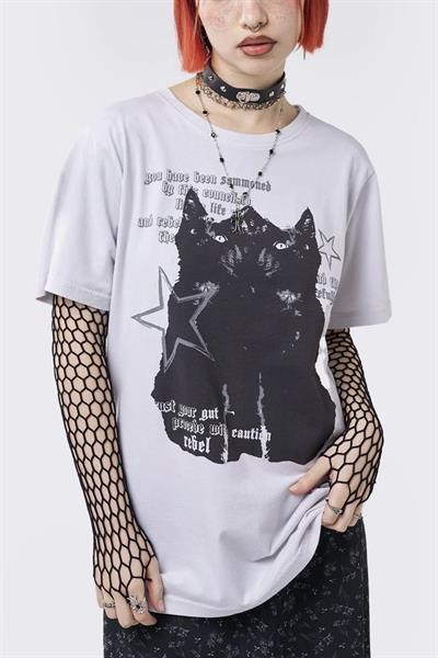 Beyaz Unisex Cautious Kitty Graphic T-Shirt