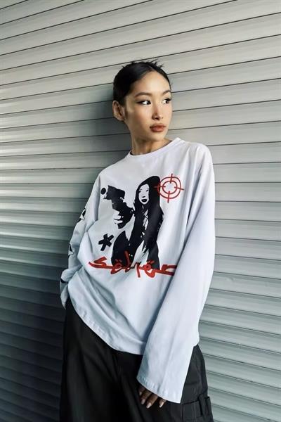 Beyaz Unisex Gangster Devil Woman Uzun Kollu T-Shirt