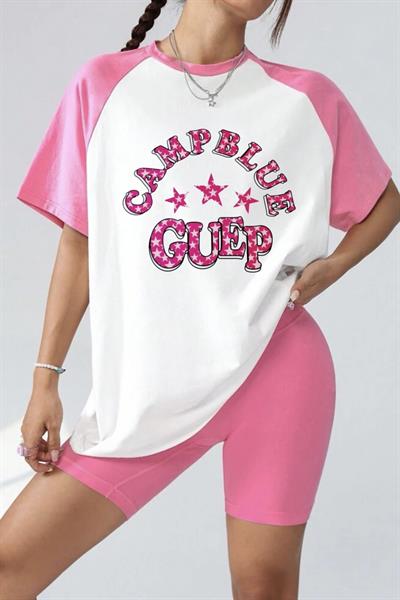 Beyaz Unisex Pembe Reglan Campblue Guep T-Shirt