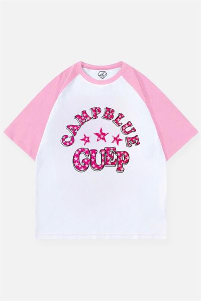 Beyaz Unisex Pembe Reglan Campblue Guep T-Shirt