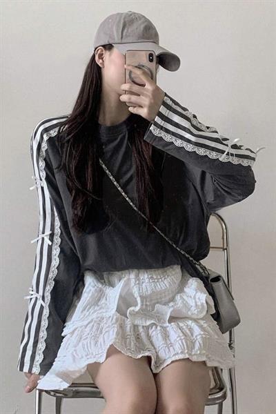 Füme Lace Ribbon Uzun Kollu T-Shirt