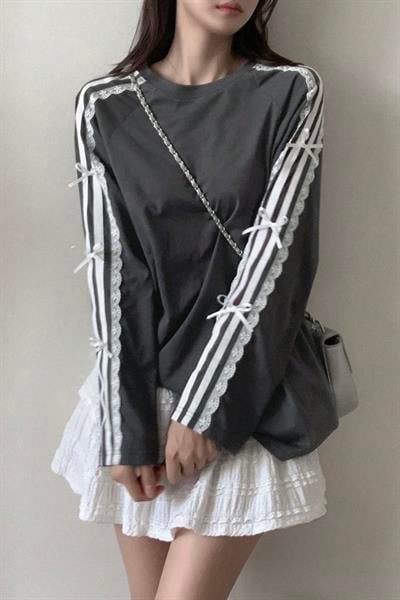 Füme Lace Ribbon Uzun Kollu T-Shirt