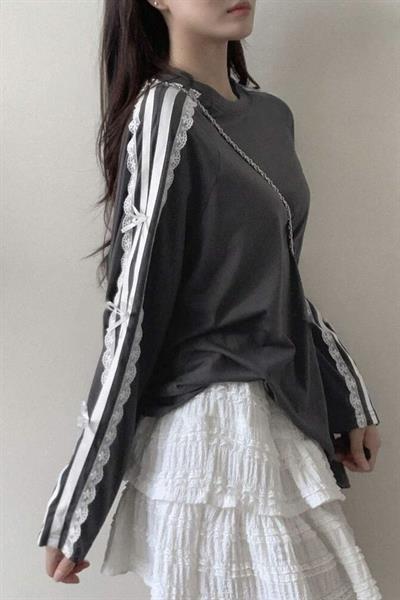 Füme Lace Ribbon Uzun Kollu T-Shirt