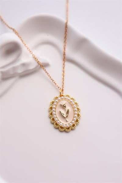 Gold Renk Zincirli Krem İncili Lale İthal Kolye 