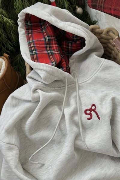 Gri Kırmızı Bow Detail Kapüşonlu Sweatshirt 