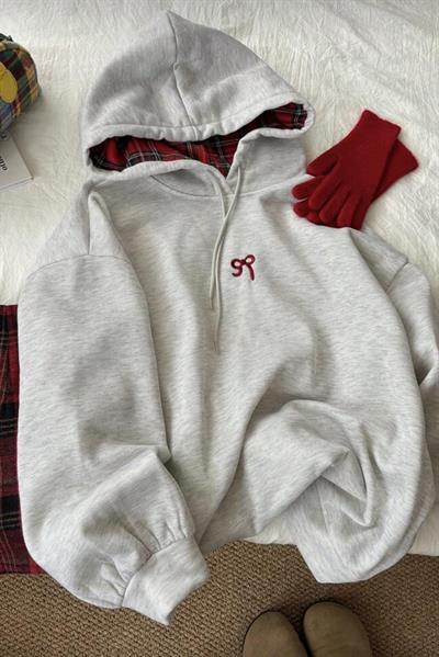 Gri Kırmızı Bow Detail Kapüşonlu Sweatshirt 