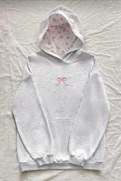 Gri Pembe Bow Detail Kapüşonlu Sweatshirt