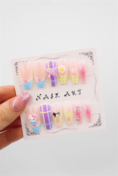 Pembe Lila Hello Kitty Nail Art 3D Takma Tırnak 