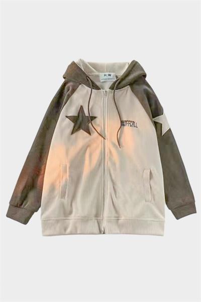 Krem Kahverengi Kadife Unoffcall Star Pattern Hırka