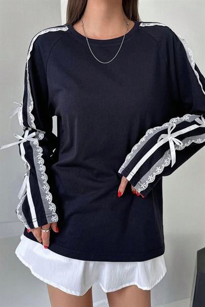 Lacivert Lace Ribbon Uzun Kollu T-Shirt