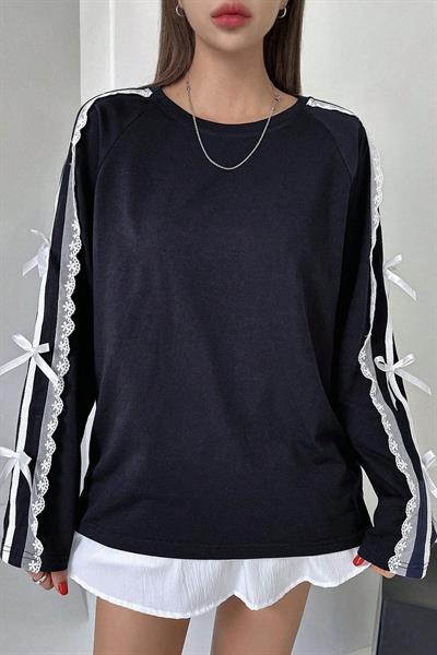 Lacivert Lace Ribbon Uzun Kollu T-Shirt