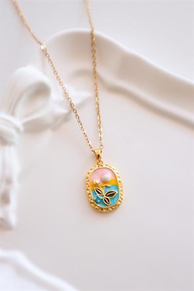 Paslanmaz Çelik Gold Renk Hologram Desenli İnci Kolye 