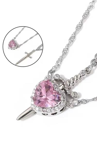 Paslanmaz Çelik Gümüş Renk Pembe Kalp Kılıç Çift Kolyesi
