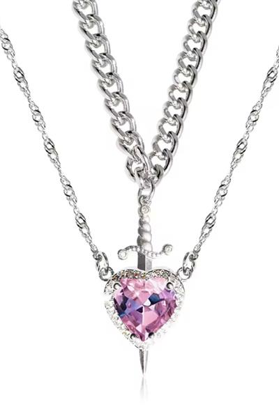 Paslanmaz Çelik Gümüş Renk Pembe Kalp Kılıç Çift Kolyesi