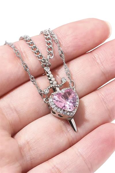 Paslanmaz Çelik Gümüş Renk Pembe Kalp Kılıç Çift Kolyesi