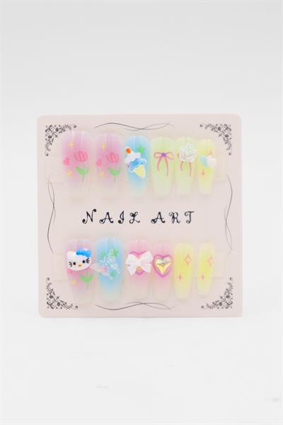 Pembe Sarı Hello Kitty Nail Art 3D Takma Tırnak 