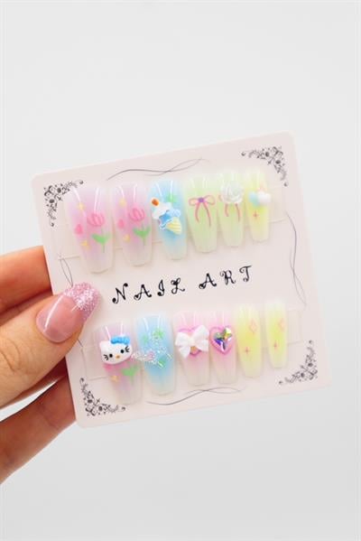Pembe Sarı Hello Kitty Nail Art 3D Takma Tırnak 