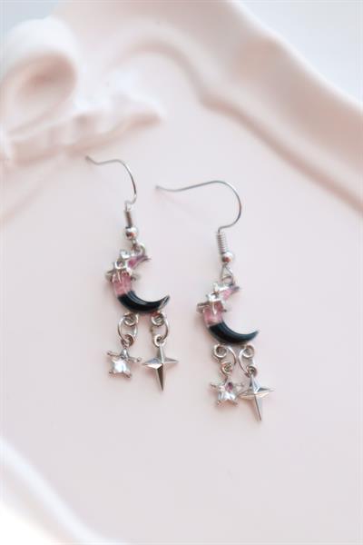 Pembe Siyah Yıldız Sallantılı Ay İthal Küpe