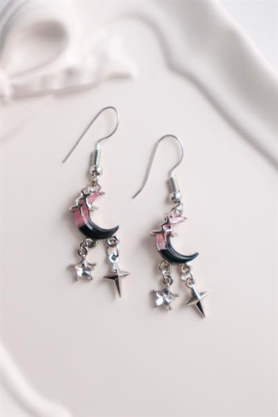 Pembe Siyah Yıldız Sallantılı Ay İthal Küpe