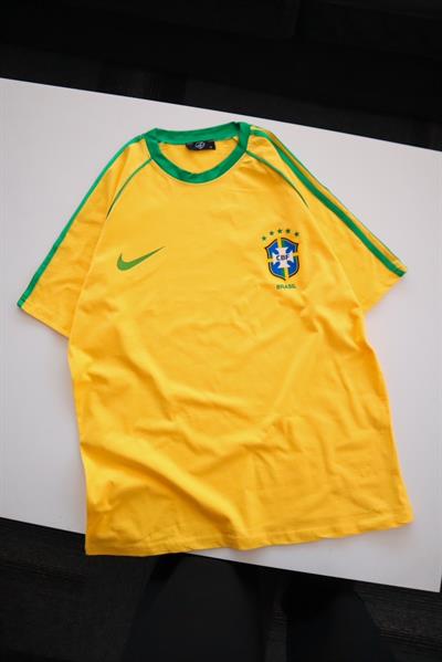 Sarı Vintage Brasil Yeşil Şeritli Unisex T-shirt   