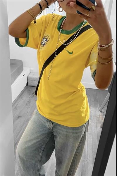 Sarı Vintage Brasil Yeşil Şeritli Unisex T-shirt   