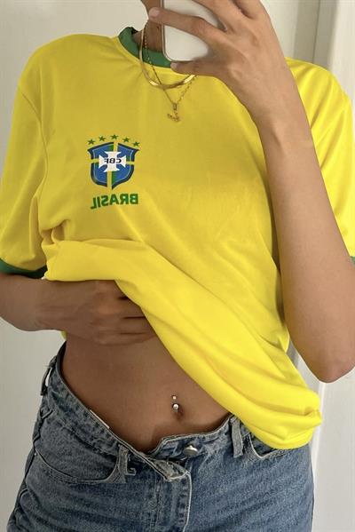 Sarı Vintage Brasil Yeşil Şeritli Unisex T-shirt   