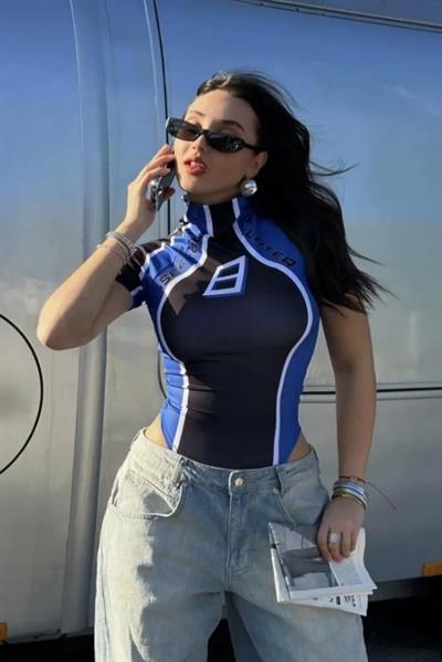 Siyah Mavi Kısa Kol See You Çıtçıtlı Body