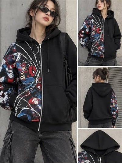 Siyah Spider-Man Trend Streetwear Y2K Kapüşonlu Hırka 