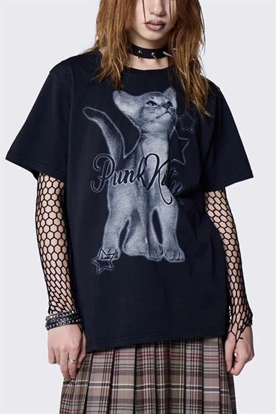 Siyah Unisex Punk Kitty Print T-Shirt
