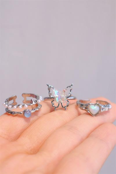 Vintage Piece Blunt Butterfly Ring 3lü Yüzük Seti 