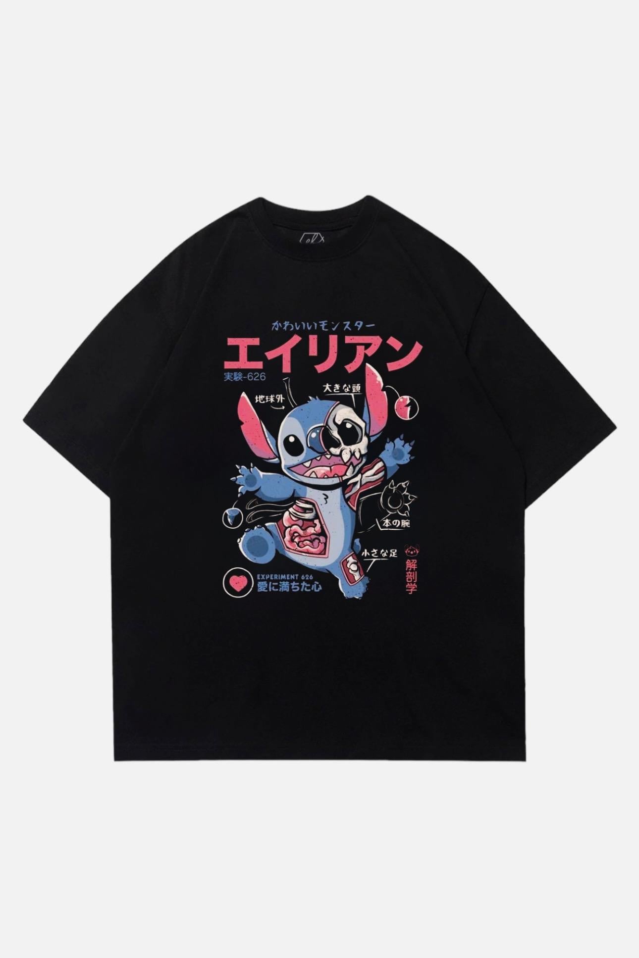 Siyah Unisex Çince Yazılı Stitch T-Shirt
