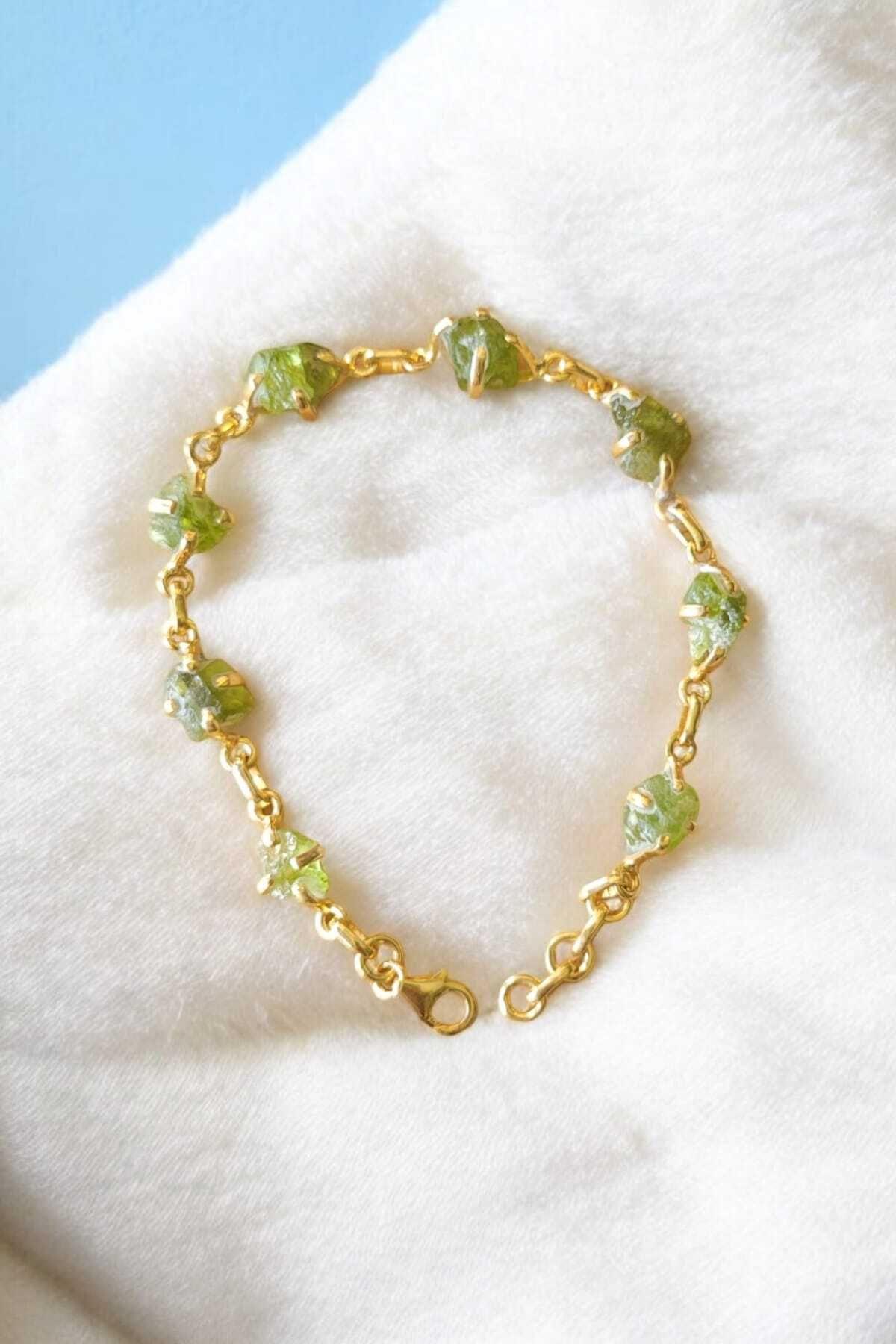 Yeşil Peridot Taşlı Gümüş Gold Renk Kadın Bileklik