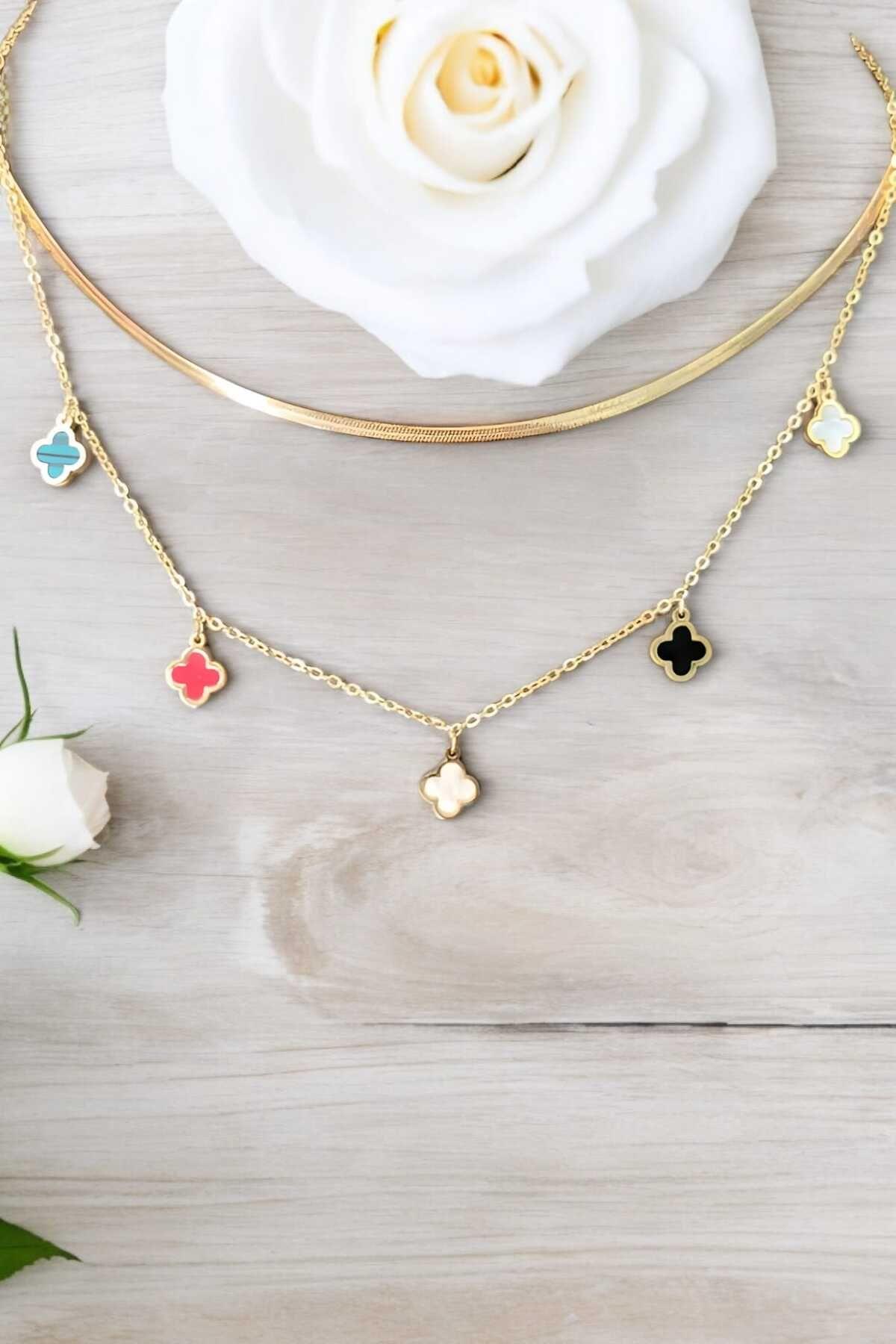 Çelik Gold Yonca Figürlü Kadın Kolye