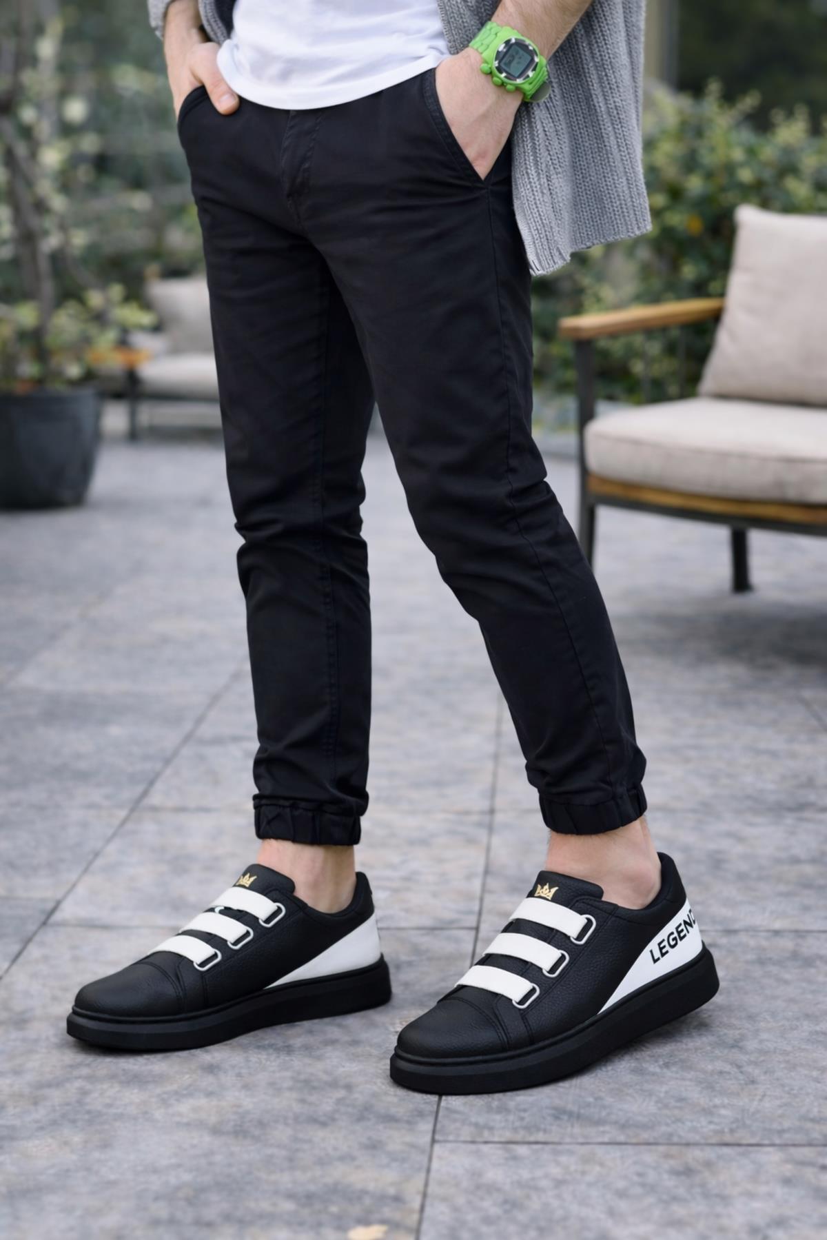 JY029 Mono Bağcıksız 3 Bantlı Lastikli Legend Cilt Erkek Günlük Sneaker Ayakkabı CST - Siyah/Beyaz