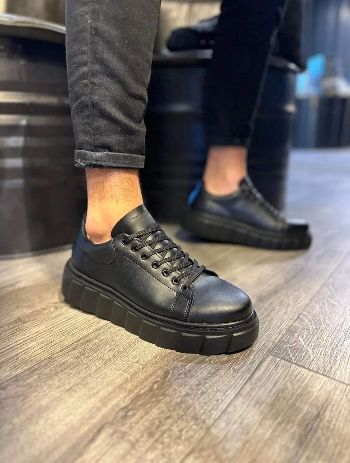 JY144 Volt Bağcıklı Cilt Erkek Günlük Sneaker Yüksek Taban Ayakkabı CST Siyah
