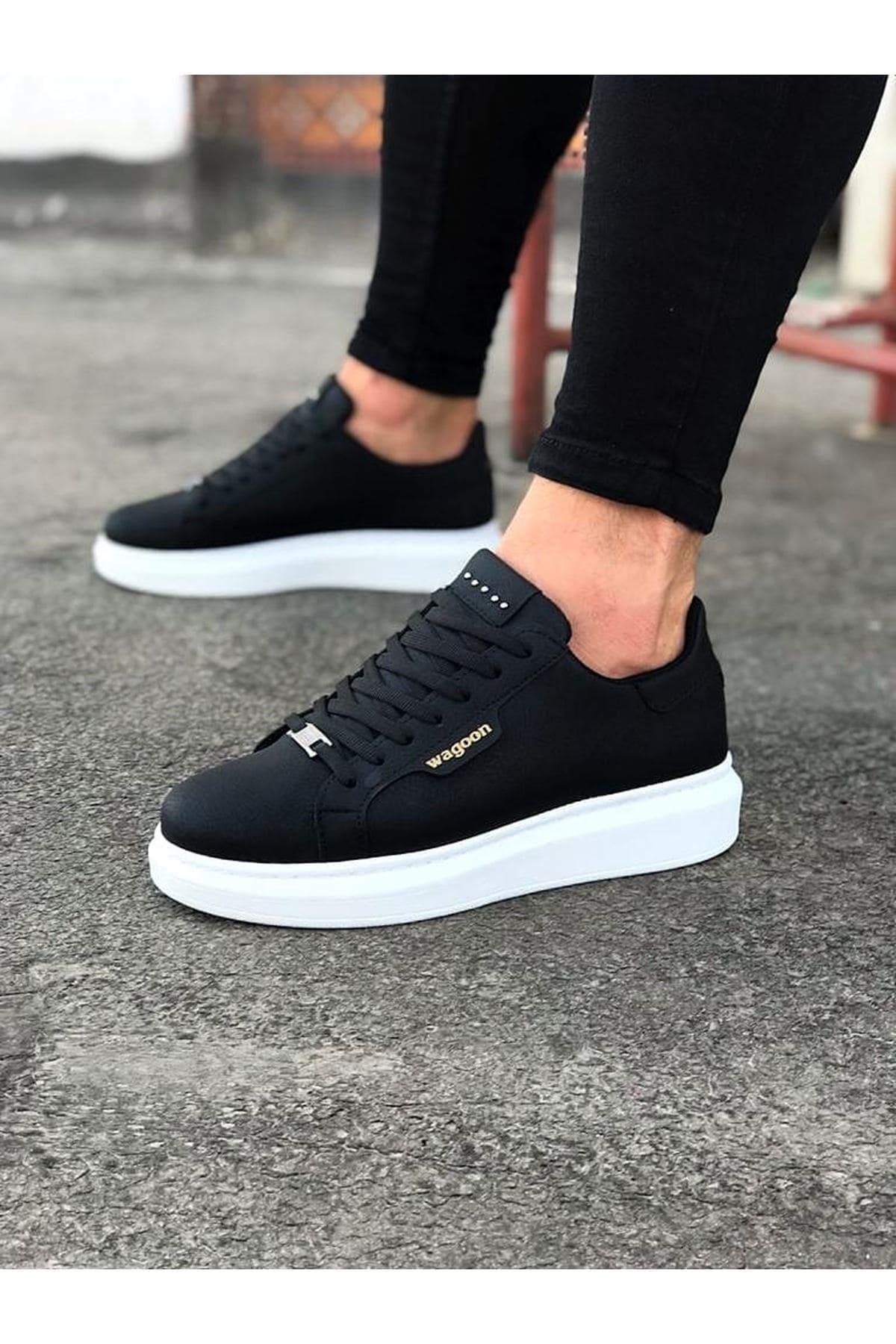 JY01 Bront Bağcıklı Cilt Erkek Günlük Sneaker Ayakkabı CBT Siyah