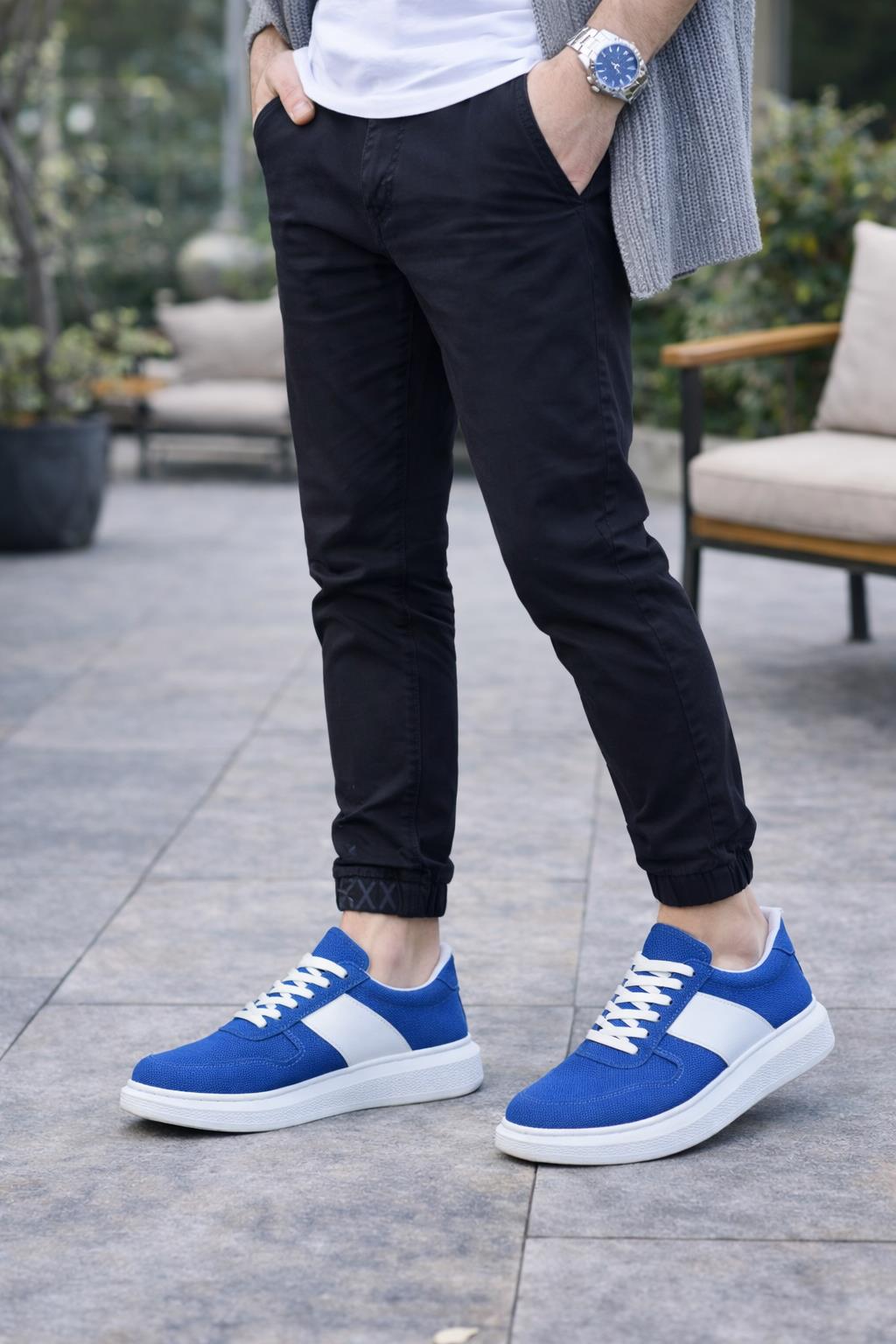 JY011 Line Erkek Günlük Bağcıklı Süet Spor Sneaker Ayakkabı SBT - Mavi/Beyaz