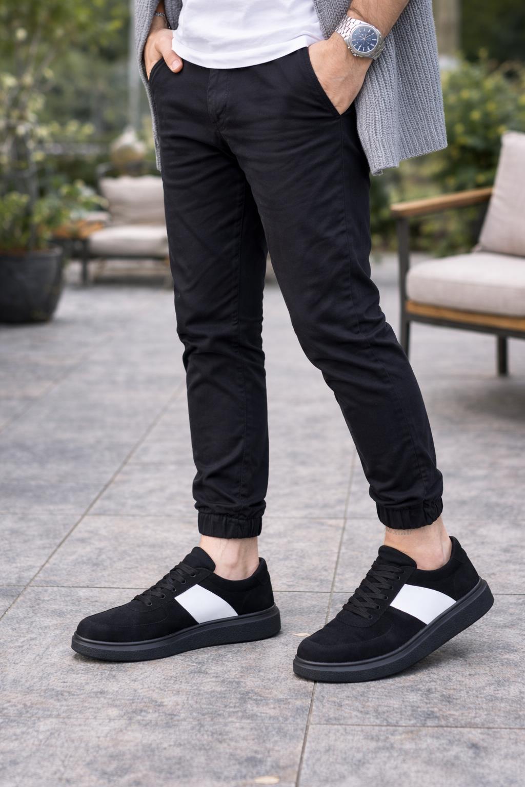 JY011 Line Erkek Günlük Bağcıklı Süet Spor Sneaker Ayakkabı SST - Siyah/Beyaz